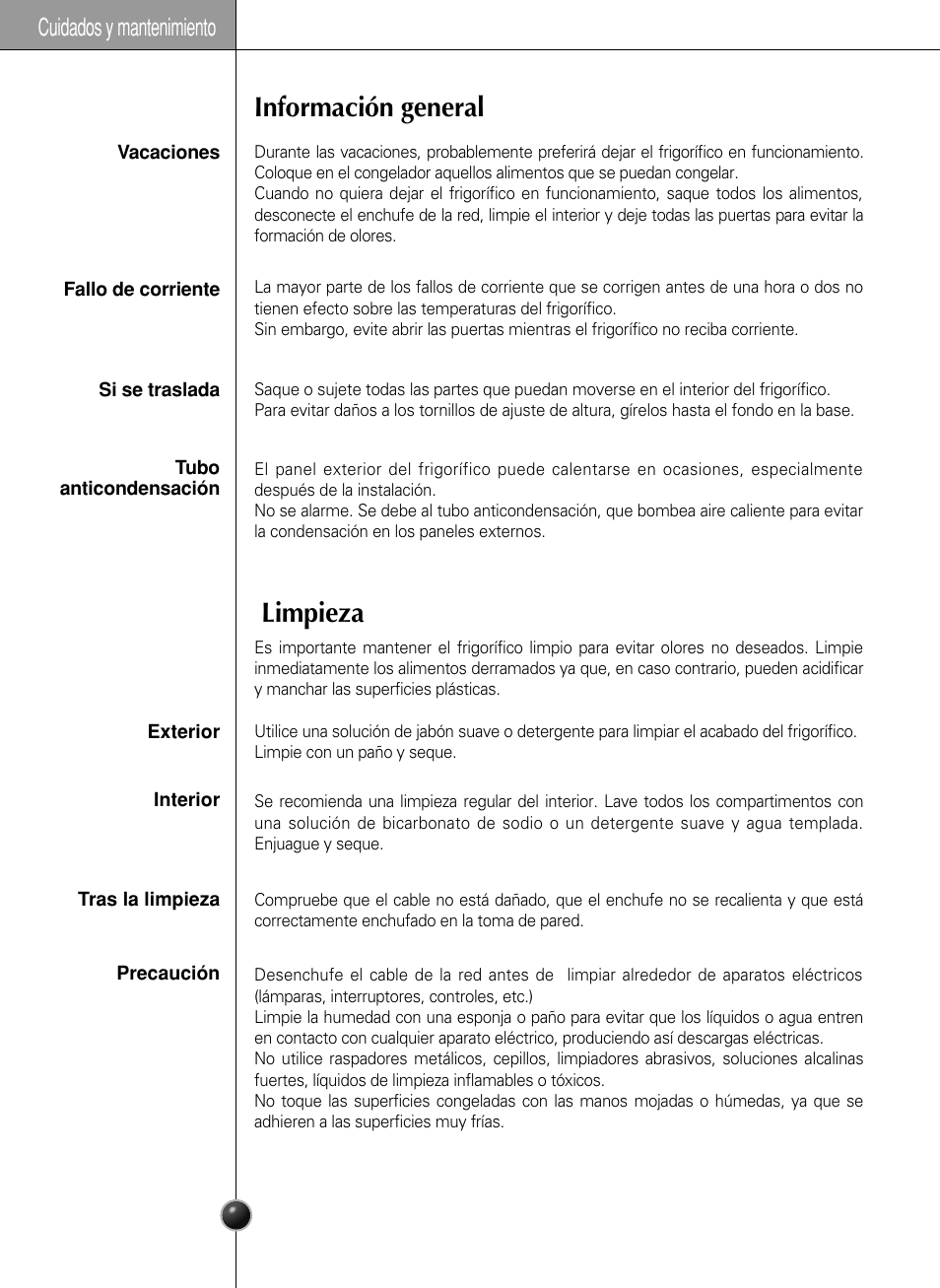 Información general limpieza, Cuidados y mantenimiento | LG GR-L217LCX User Manual | Page 50 / 85