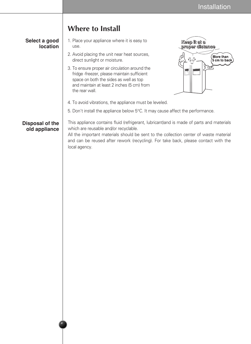 Where to install, Installation | LG GR-L217LCX User Manual | Page 6 / 85