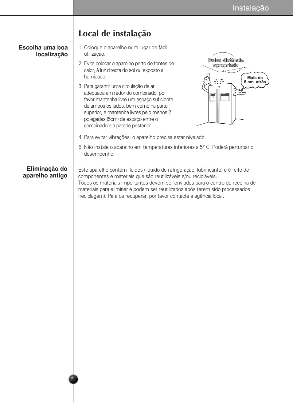 Local de instalação, Instalação | LG GR-L217LCX User Manual | Page 62 / 85