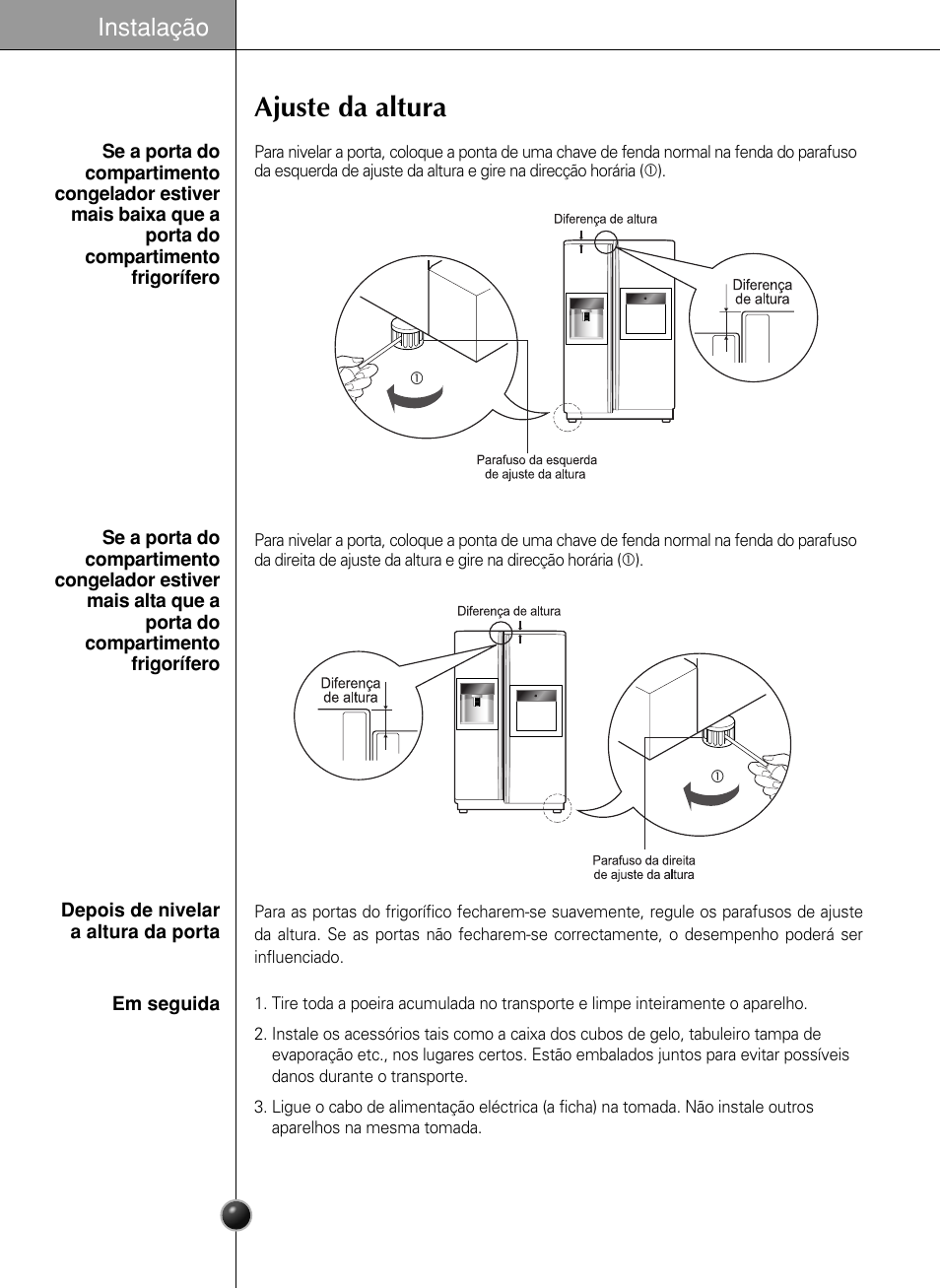 Ajuste da altura, Instalação | LG GR-L217LCX User Manual | Page 65 / 85