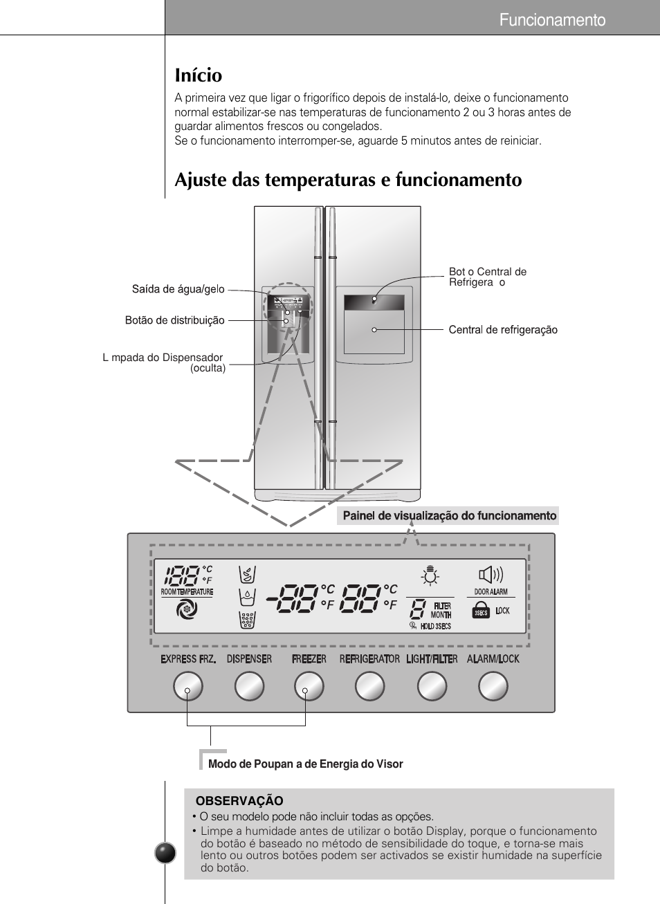 Início ajuste das temperaturas e funcionamento, Funcionamento | LG GR-L217LCX User Manual | Page 66 / 85