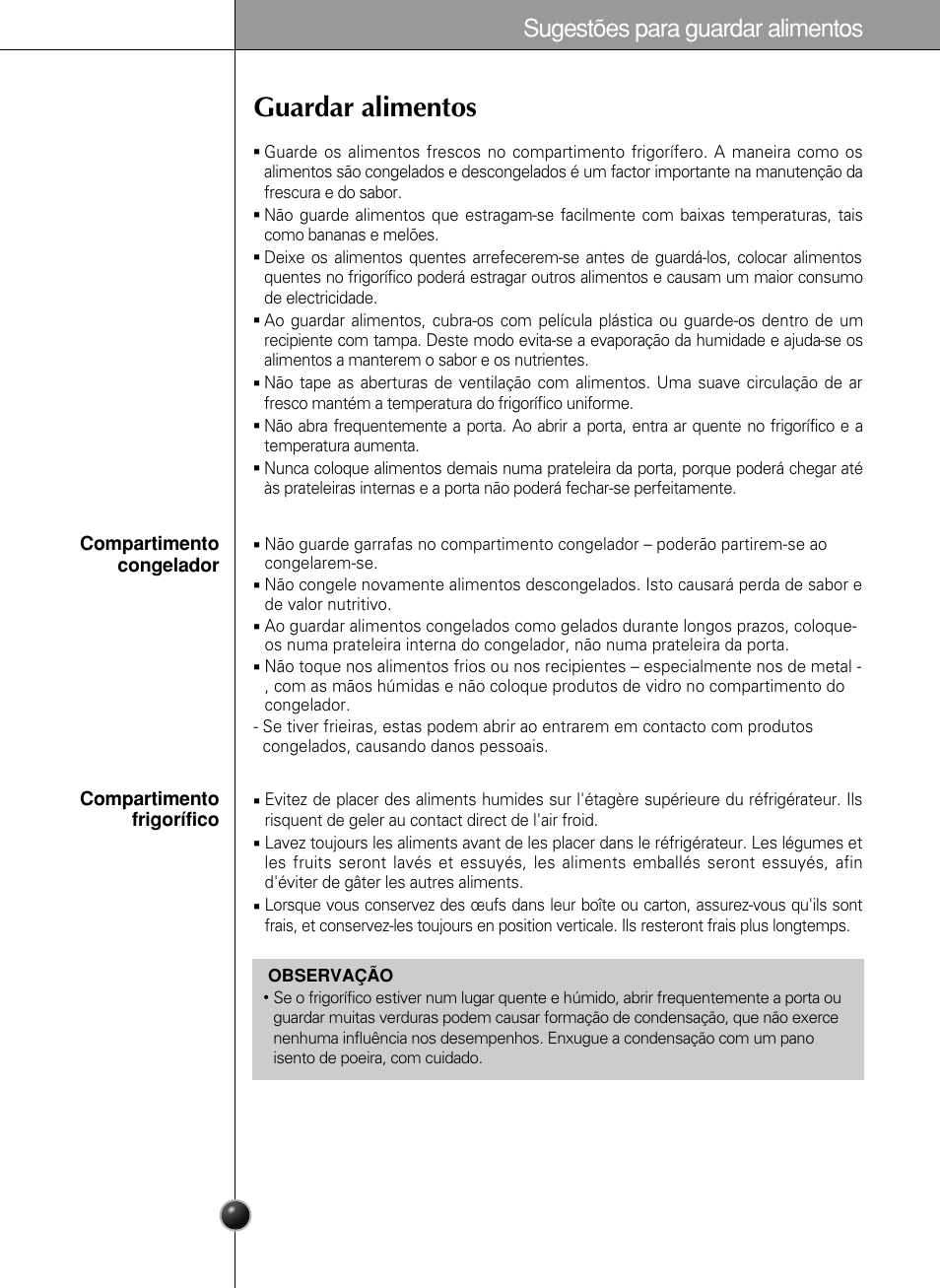 Guardar alimentos, Sugestões para guardar alimentos | LG GR-L217LCX User Manual | Page 76 / 85