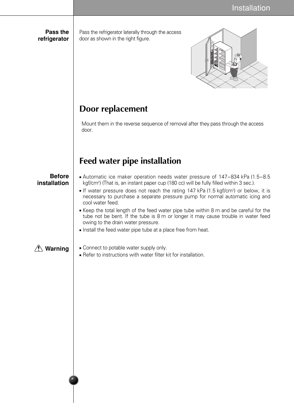 Door replacement feed water pipe installation, Installation | LG GR-L217LCX User Manual | Page 8 / 85