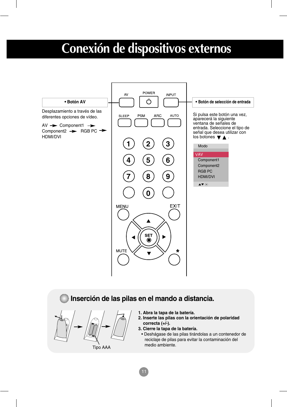 Inserción de las pilas en el mando a distancia, Conexión de dispositivos externos | LG M4212C-BA User Manual | Page 12 / 67