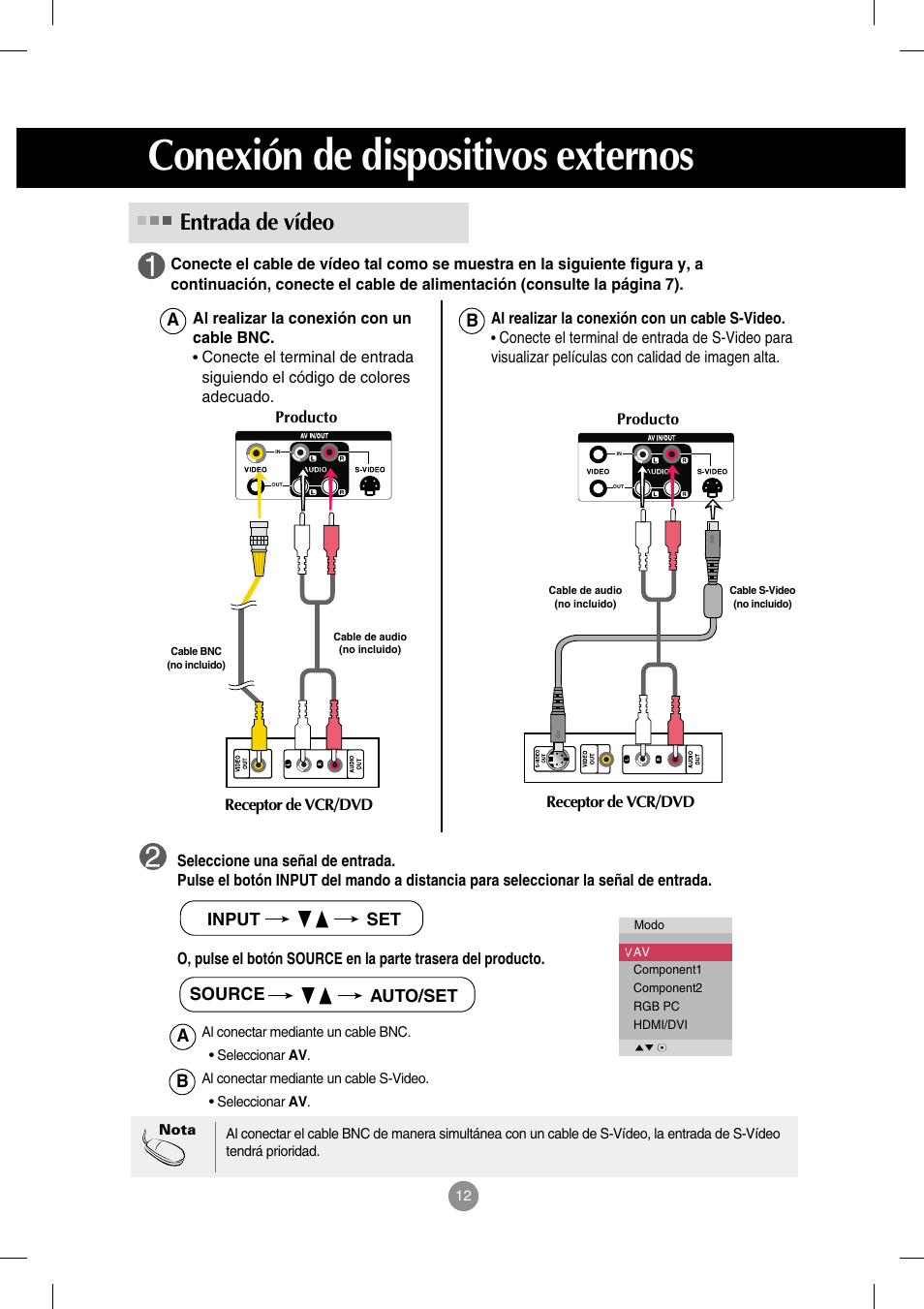 Entrada de vídeo, Conexión de dispositivos externos | LG M4212C-BA User Manual | Page 13 / 67
