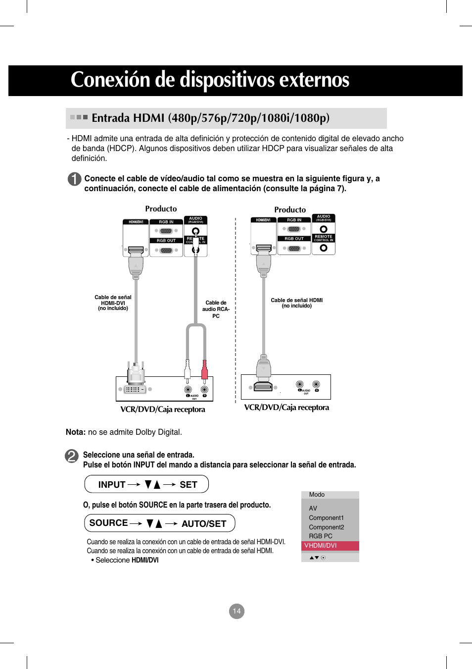 Entrada hdmi (480p/576p/720p/1080i/1080p), Conexión de dispositivos externos | LG M4212C-BA User Manual | Page 15 / 67