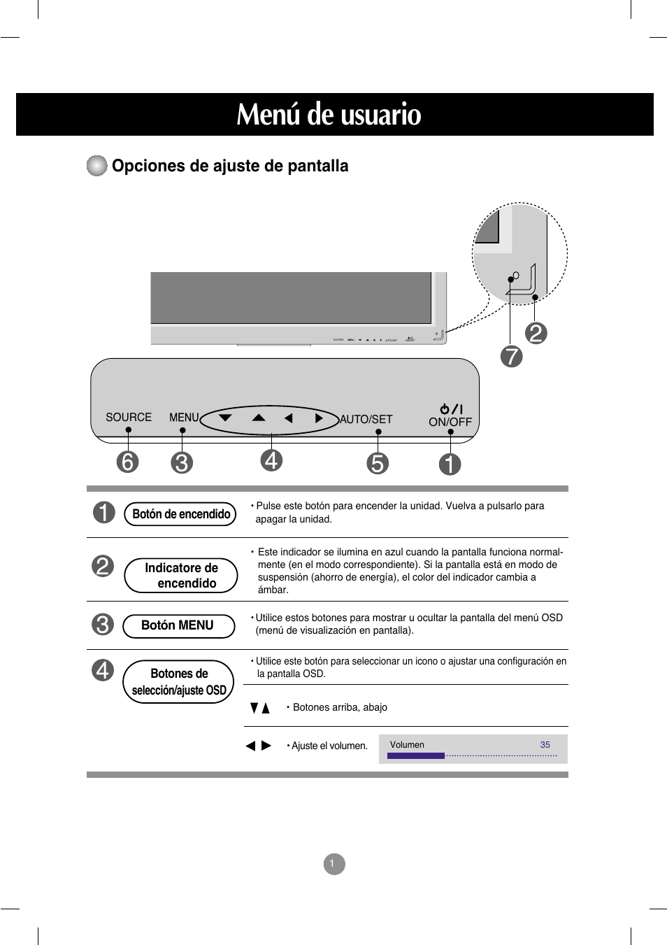 Menú de usuario, Opciones de ajuste de pantalla | LG M4212C-BA User Manual | Page 18 / 67