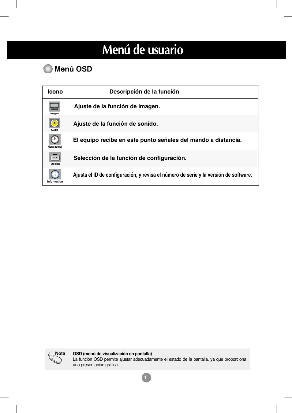 Menú osd, Menú de usuario | LG M4212C-BA User Manual | Page 20 / 67