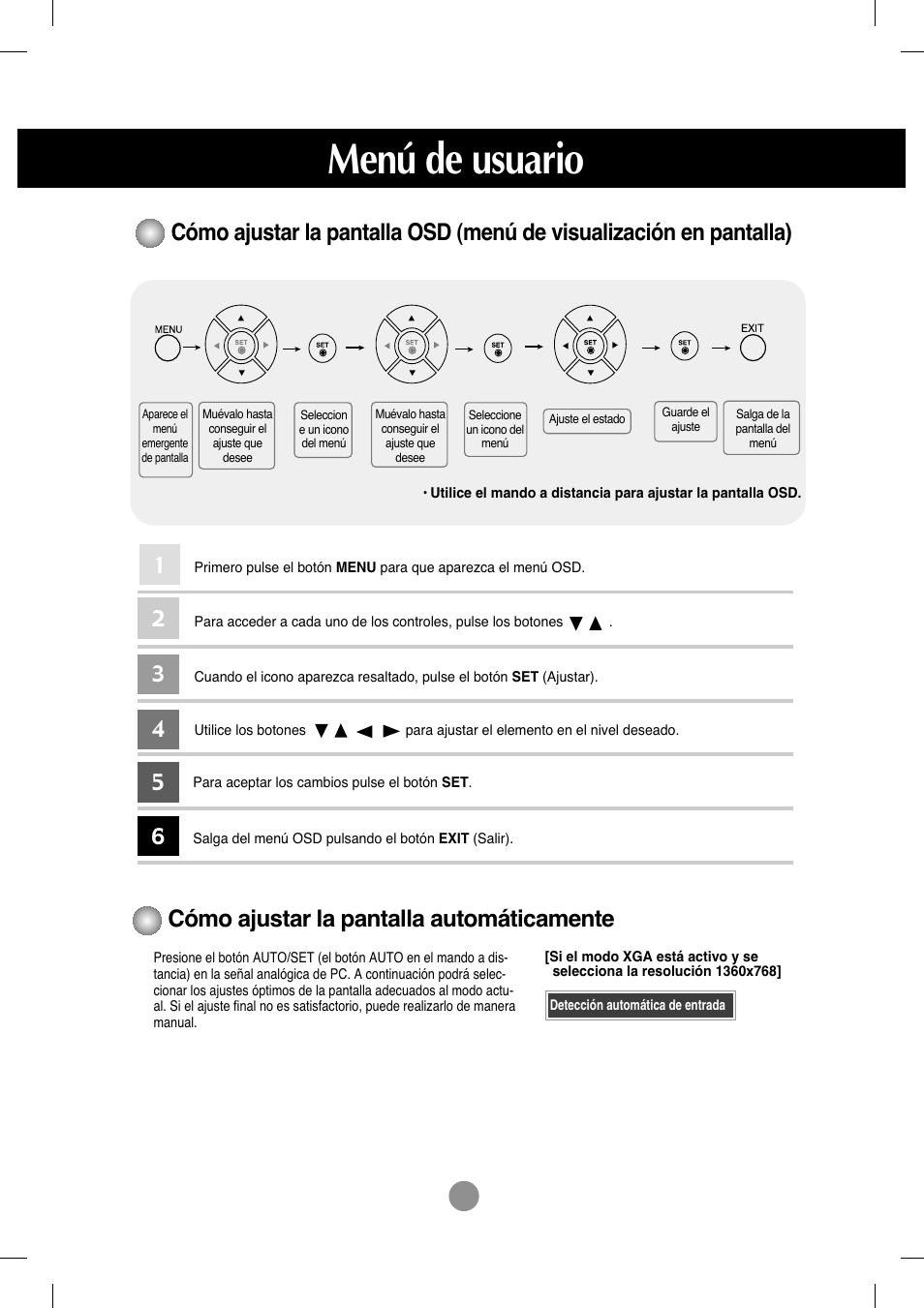 Cómo ajustar la pantalla automáticamente, Menú de usuario | LG M4212C-BA User Manual | Page 21 / 67