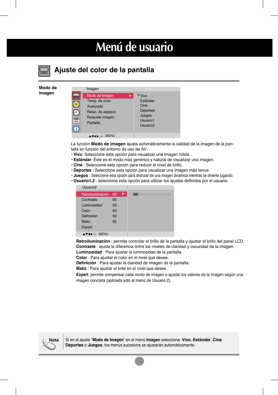 Ajuste del color de la pantalla, Menú de usuario | LG M4212C-BA User Manual | Page 22 / 67