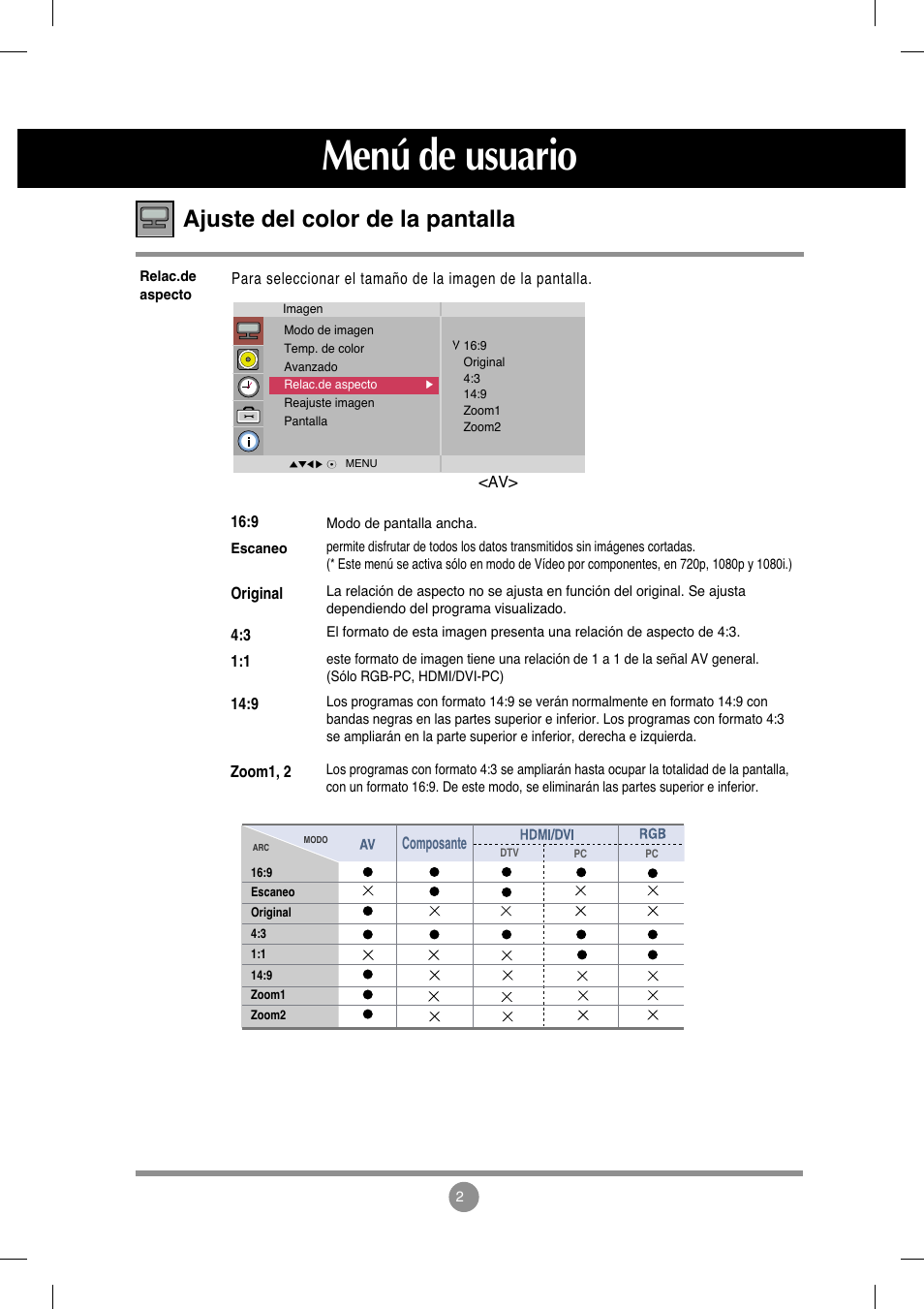 Menú de usuario, Ajuste del color de la pantalla | LG M4212C-BA User Manual | Page 25 / 67