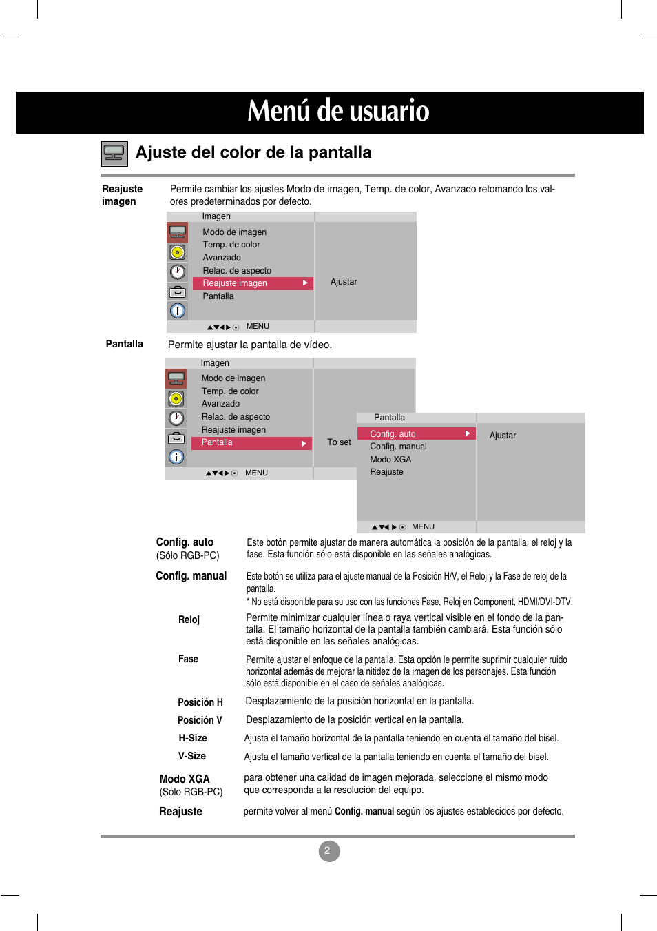 Menú de usuario, Ajuste del color de la pantalla | LG M4212C-BA User Manual | Page 26 / 67