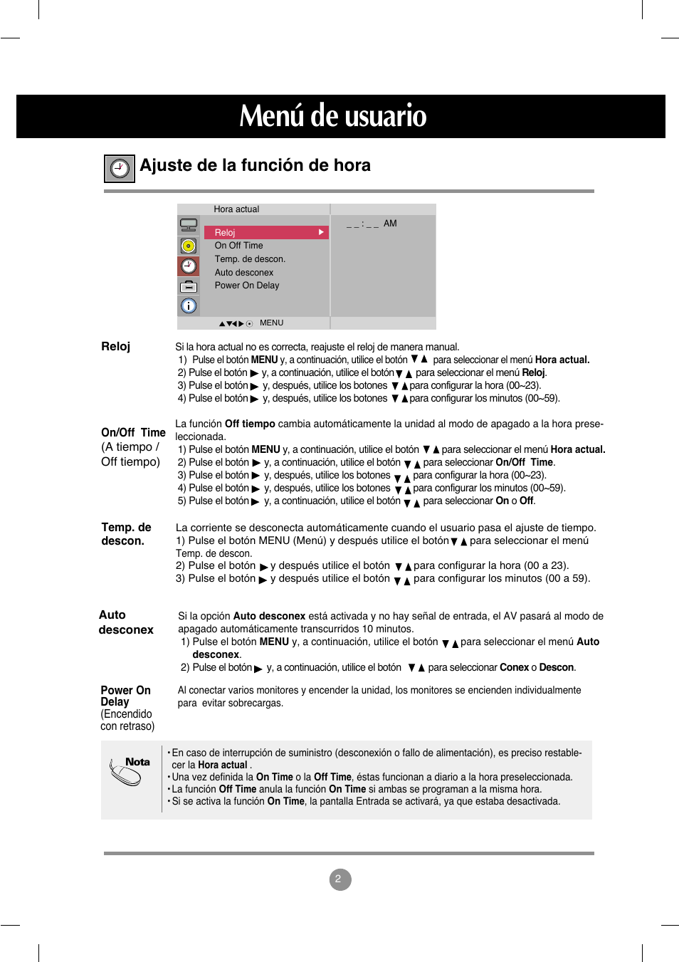 Ajuste de la función de hora, Menú de usuario | LG M4212C-BA User Manual | Page 28 / 67