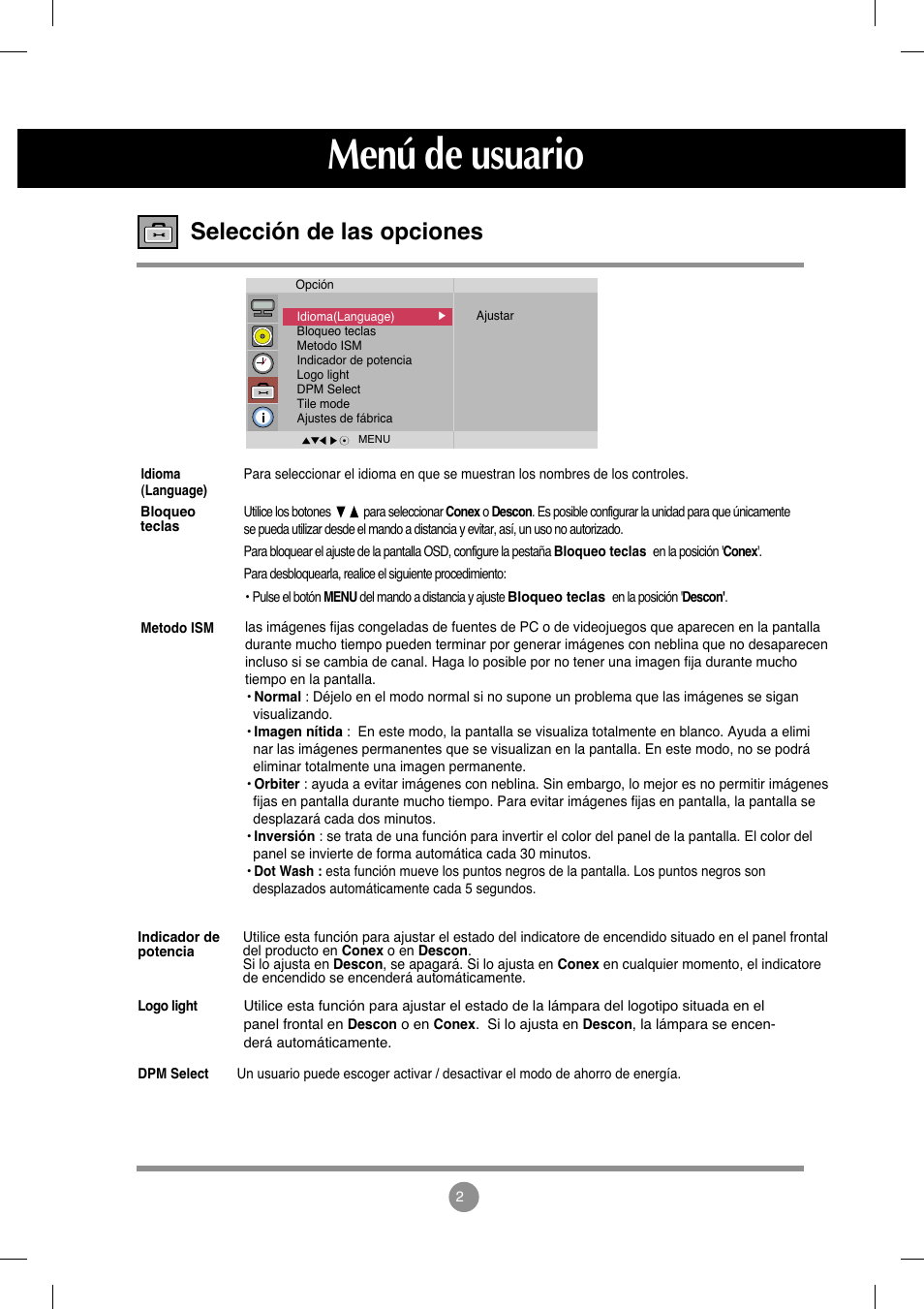 Selección de las opciones, Menú de usuario | LG M4212C-BA User Manual | Page 29 / 67