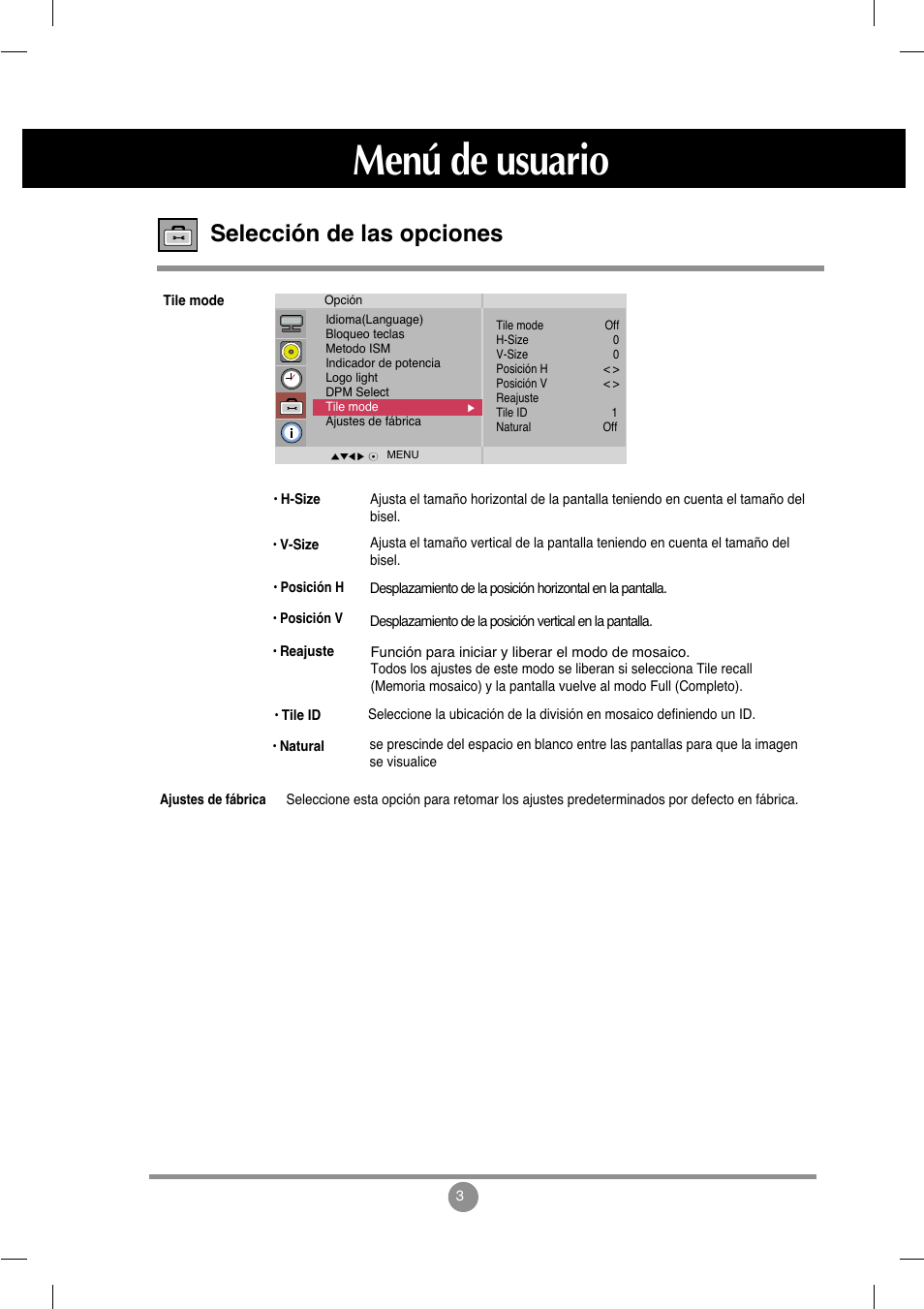 Menú de usuario, Selección de las opciones | LG M4212C-BA User Manual | Page 32 / 67