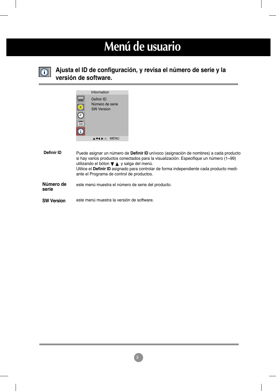 Menú de usuario | LG M4212C-BA User Manual | Page 33 / 67