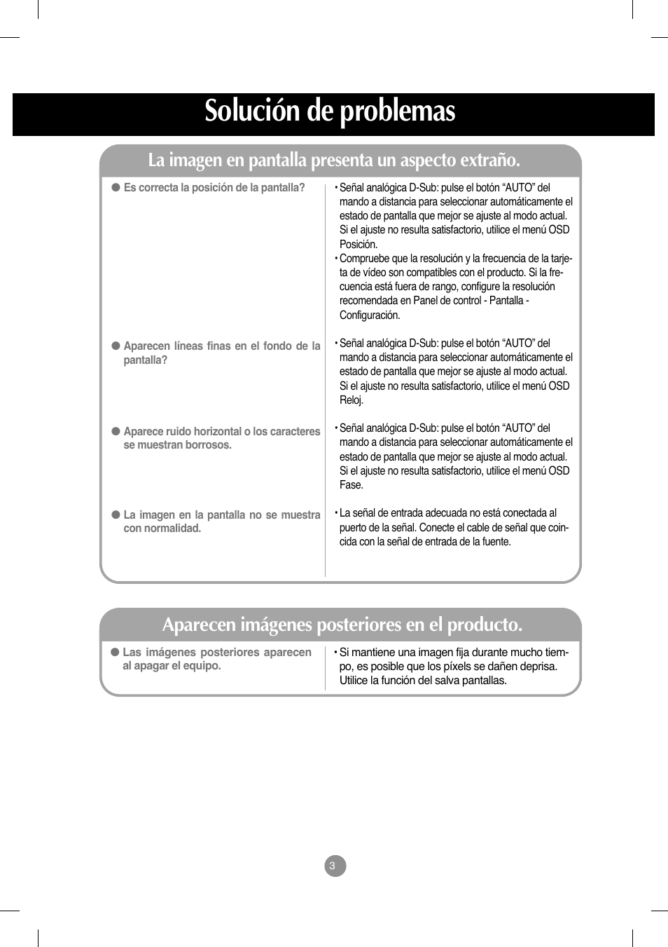 La imagen en pantalla presenta un aspecto extraño, Aparecen imágenes posteriores en el producto, Solución de problemas | LG M4212C-BA User Manual | Page 35 / 67