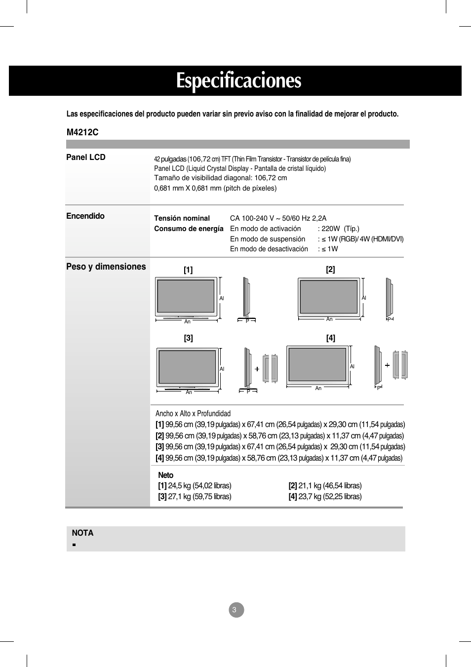 Especificaciones, M4212c | LG M4212C-BA User Manual | Page 37 / 67