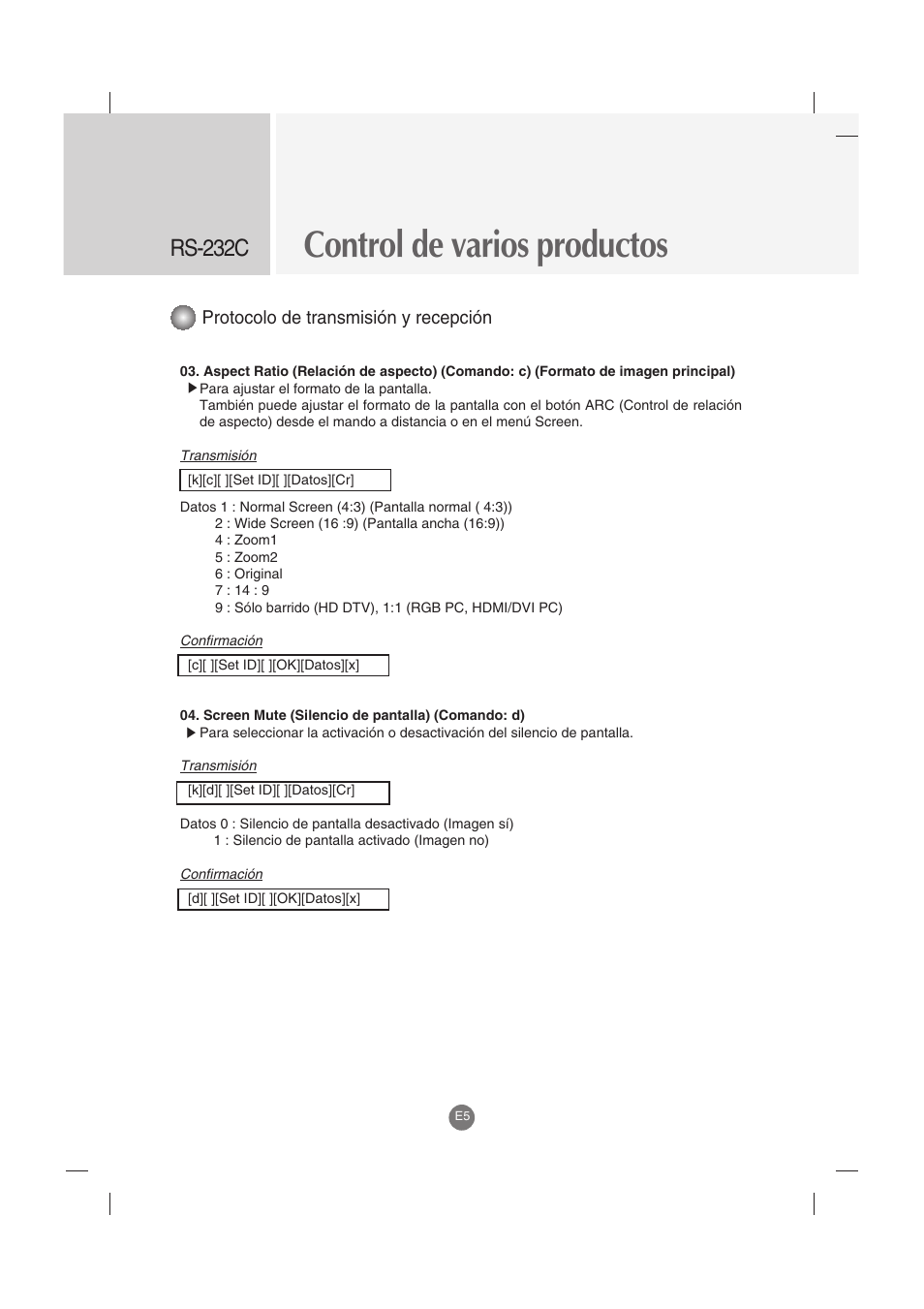 Control de varios productos, Rs-232c, Protocolo de transmisión y recepción | LG M4212C-BA User Manual | Page 45 / 67