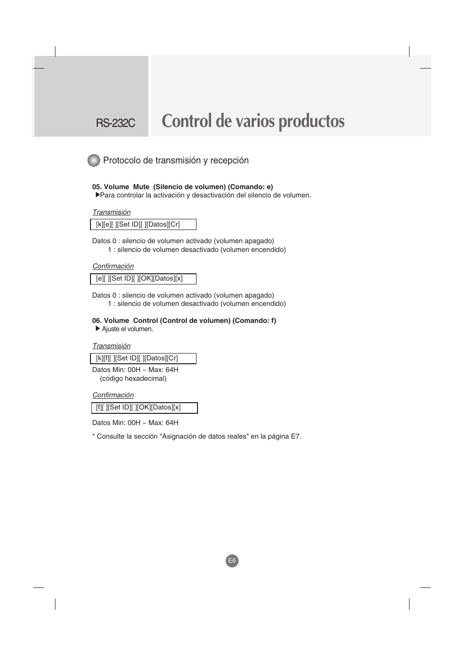 Control de varios productos, Rs-232c, Protocolo de transmisión y recepción | LG M4212C-BA User Manual | Page 46 / 67