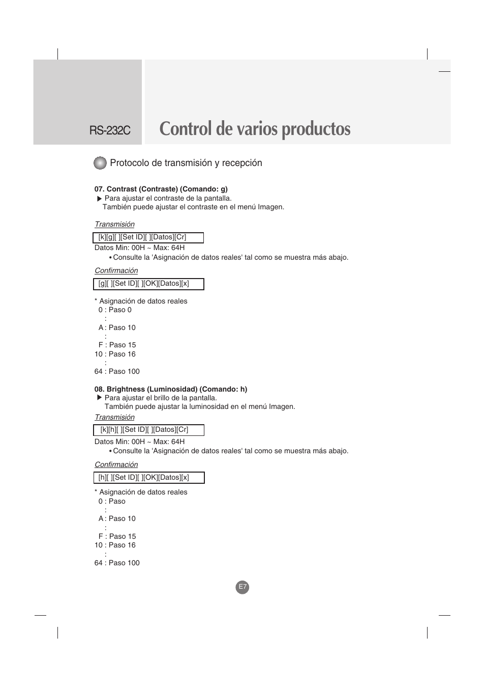 Control de varios productos, Rs-232c, Protocolo de transmisión y recepción | LG M4212C-BA User Manual | Page 47 / 67