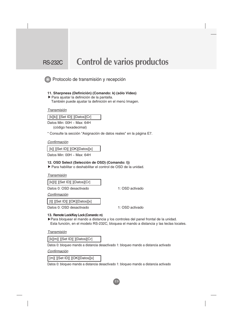 Control de varios productos, Rs-232c, Protocolo de transmisión y recepción | LG M4212C-BA User Manual | Page 49 / 67