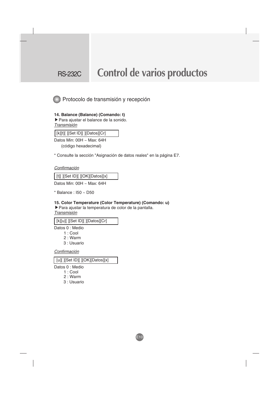 Control de varios productos, Rs-232c, Protocolo de transmisión y recepción | LG M4212C-BA User Manual | Page 50 / 67