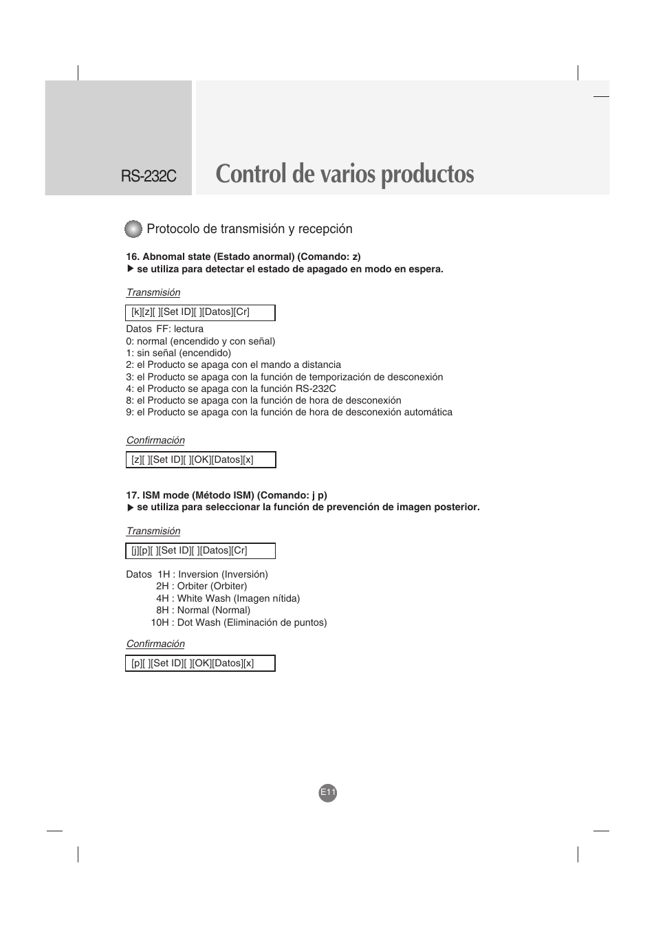 Control de varios productos, Rs-232c, Protocolo de transmisión y recepción | LG M4212C-BA User Manual | Page 51 / 67