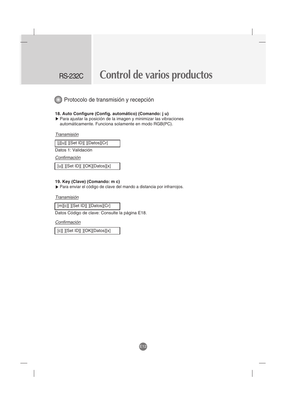 Control de varios productos, Rs-232c, Protocolo de transmisión y recepción | LG M4212C-BA User Manual | Page 52 / 67