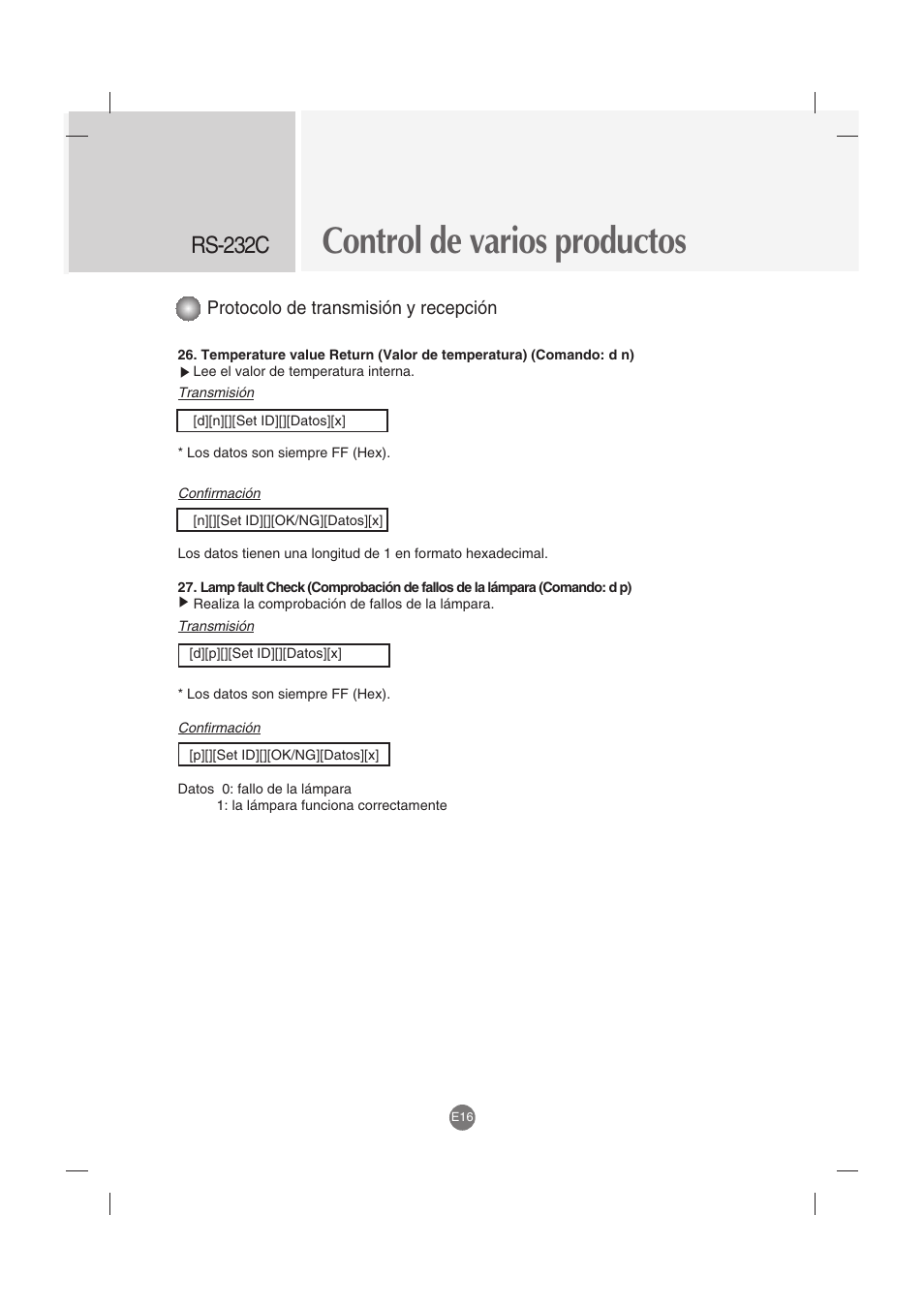 Control de varios productos, Rs-232c, Protocolo de transmisión y recepción | LG M4212C-BA User Manual | Page 56 / 67