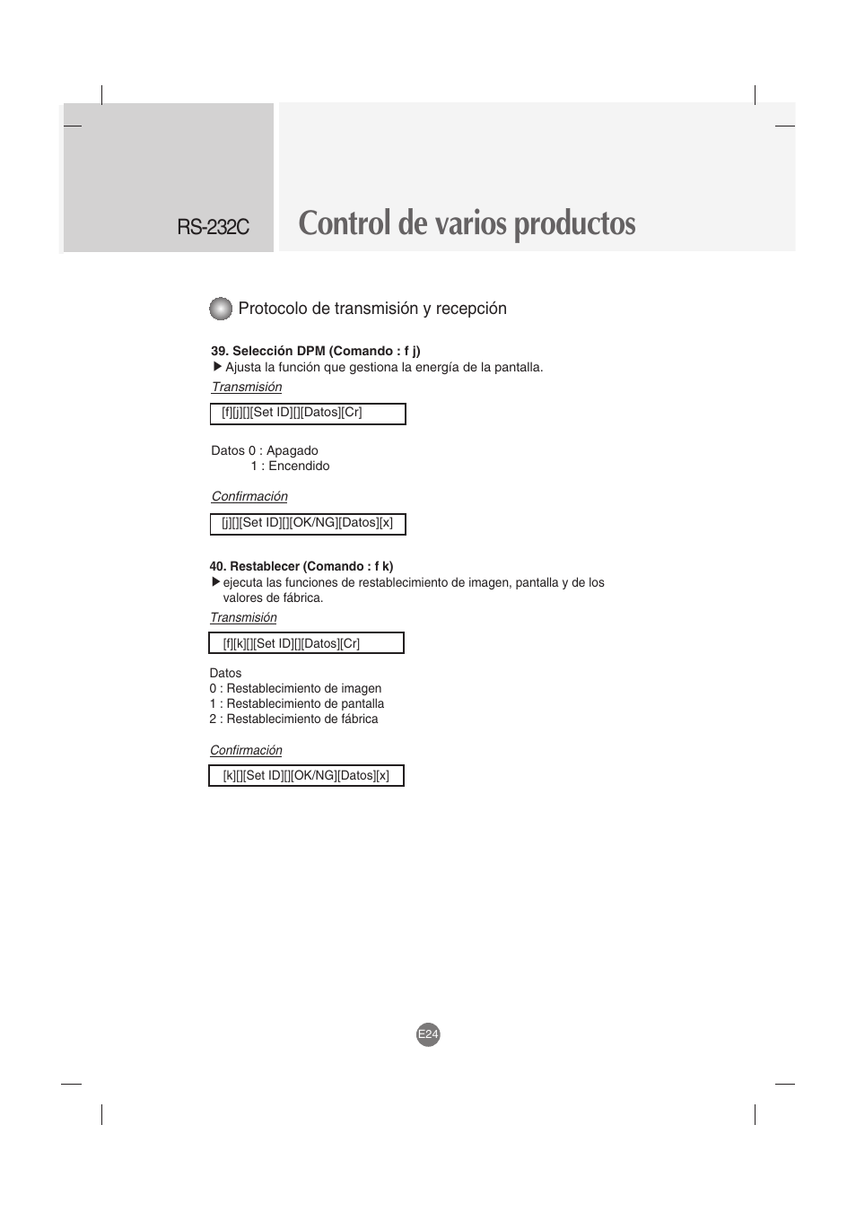 Control de varios productos, Rs-232c, Protocolo de transmisión y recepción | LG M4212C-BA User Manual | Page 64 / 67