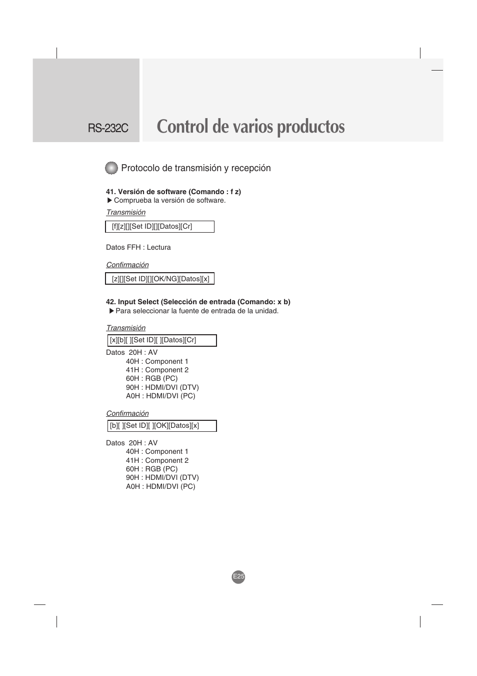 Control de varios productos, Rs-232c, Protocolo de transmisión y recepción | LG M4212C-BA User Manual | Page 65 / 67