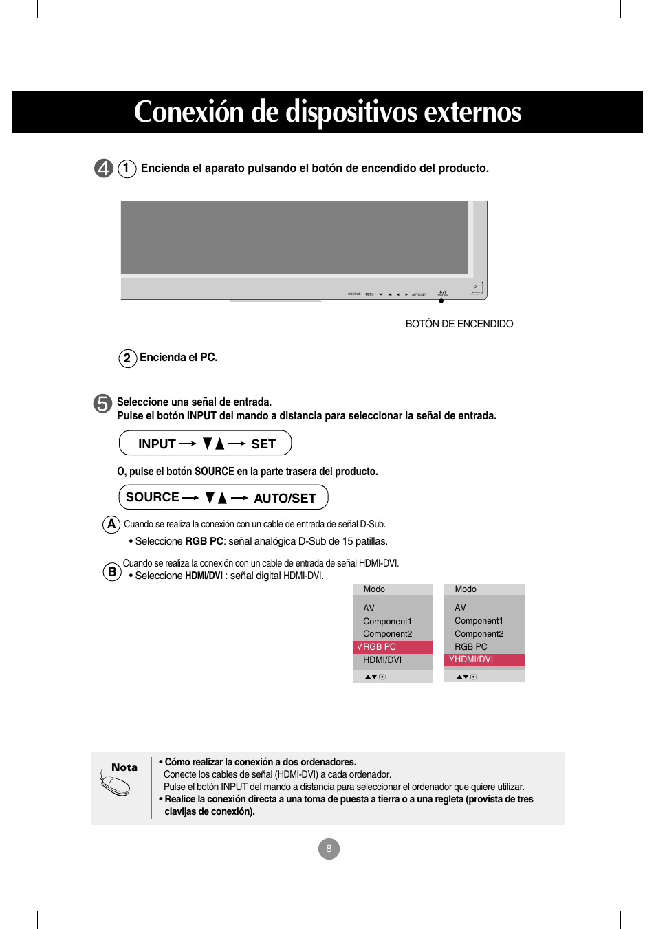 Conexión de dispositivos externos | LG M4212C-BA User Manual | Page 9 / 67