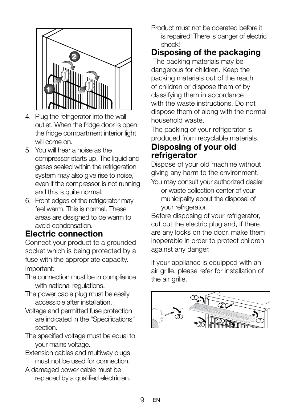 Electric connection, Disposing of the packaging, Disposing of your old refrigerator | Beko TSE 1282 User Manual | Page 10 / 89