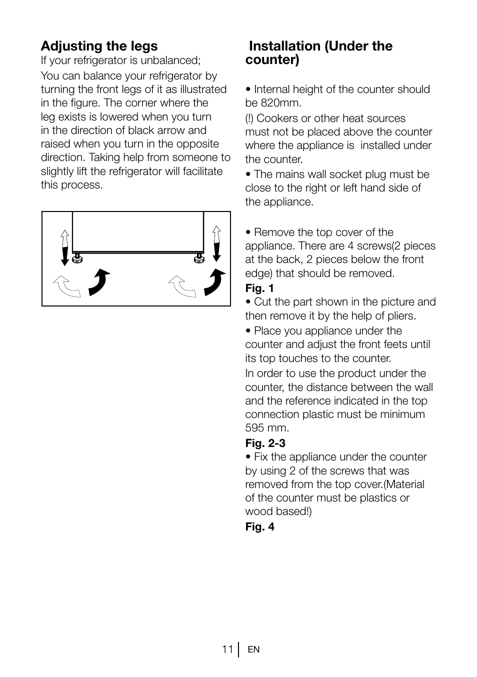 Installation (under the counter), Adjusting the legs | Beko TSE 1282 User Manual | Page 12 / 89