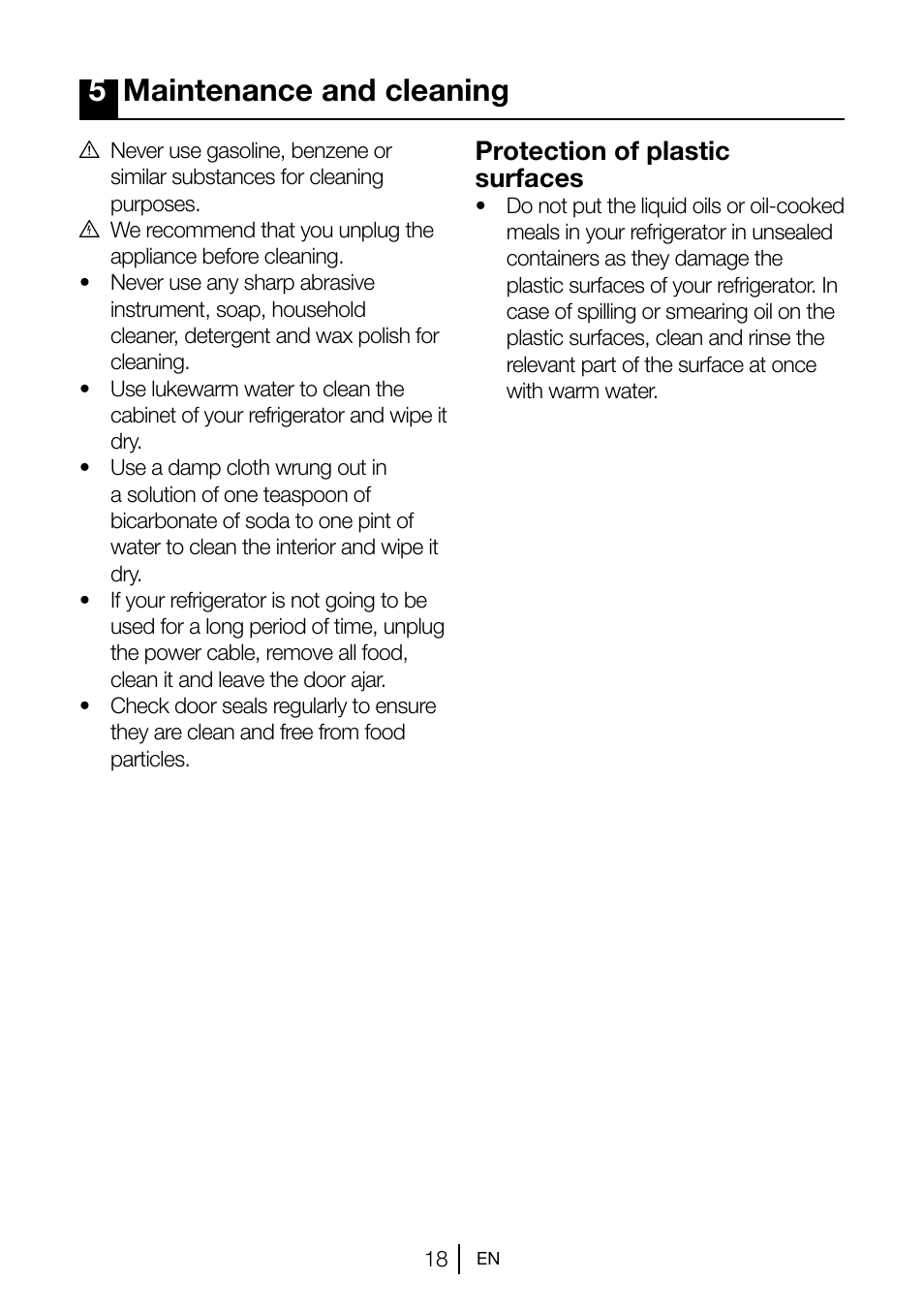 5maintenance and cleaning, Protection of plastic surfaces | Beko TSE 1282 User Manual | Page 19 / 89