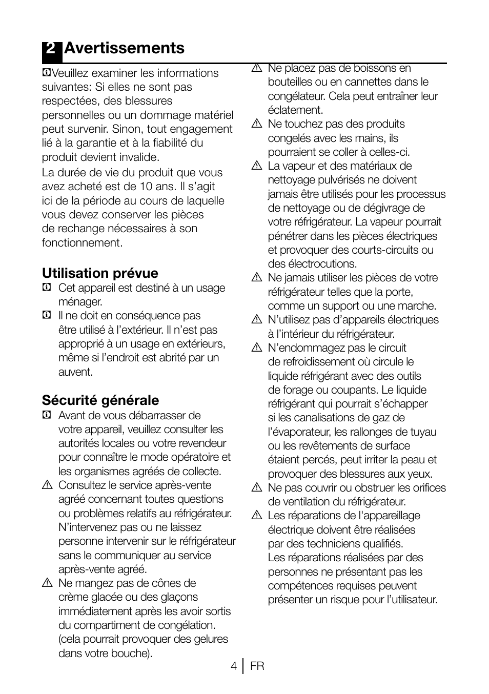 2avertissements, Utilisation prévue, Sécurité générale | Beko TSE 1282 User Manual | Page 26 / 89