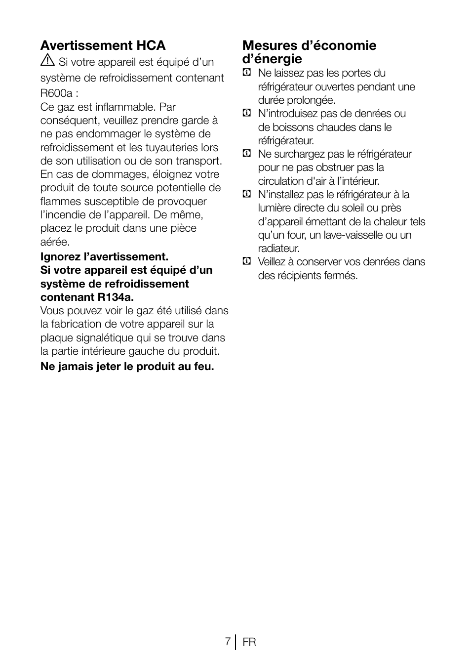 Avertissement hca, Mesures d’économie d’énergie | Beko TSE 1282 User Manual | Page 29 / 89
