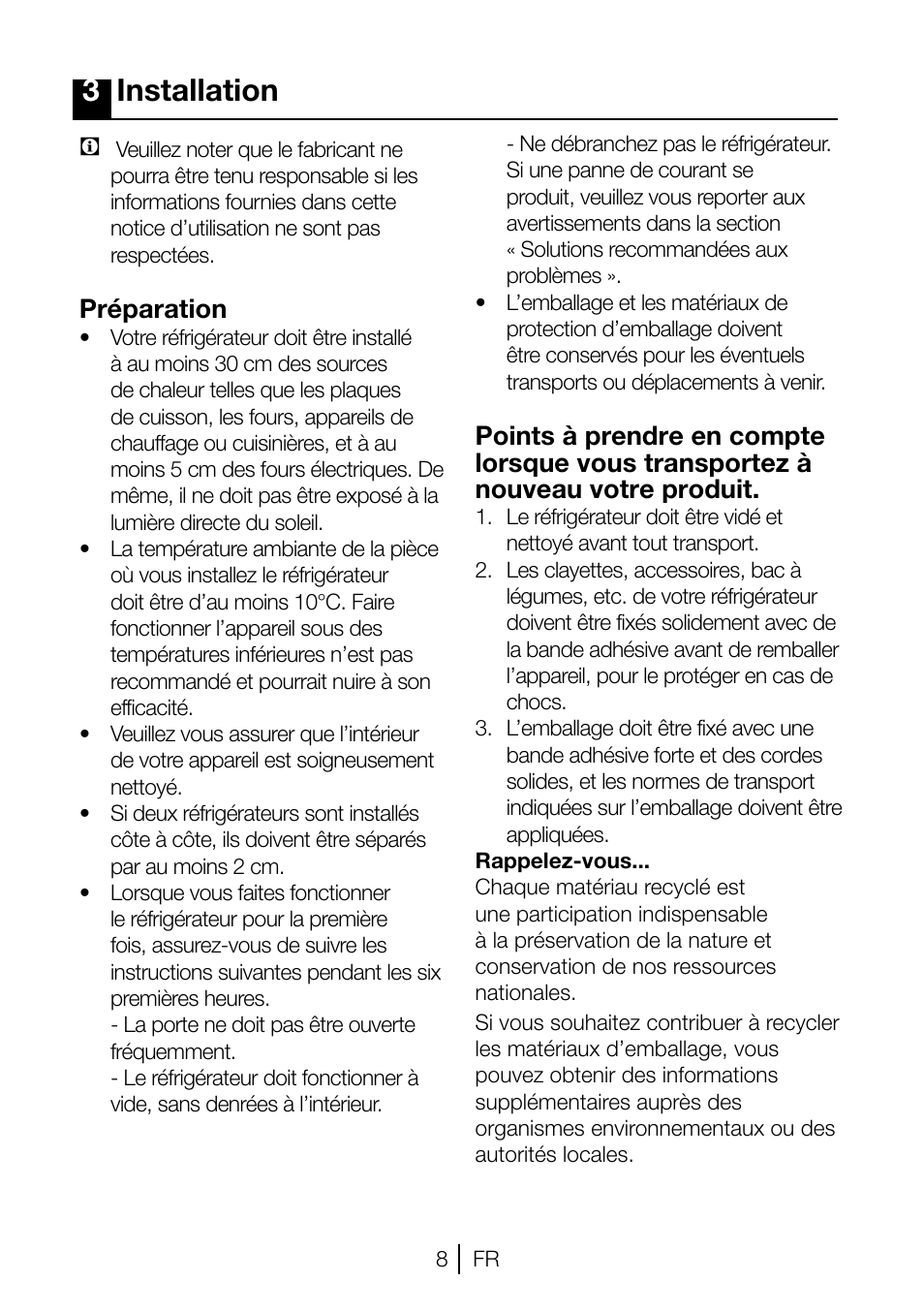 3installation, Préparation | Beko TSE 1282 User Manual | Page 30 / 89