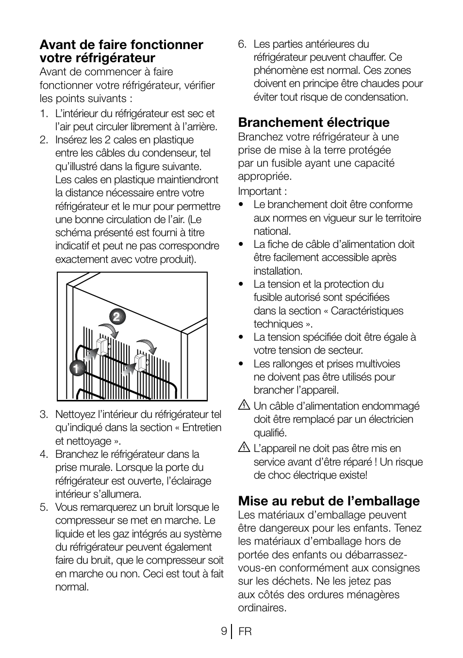Avant de faire fonctionner votre réfrigérateur, Branchement électrique, Mise au rebut de l’emballage | Beko TSE 1282 User Manual | Page 31 / 89