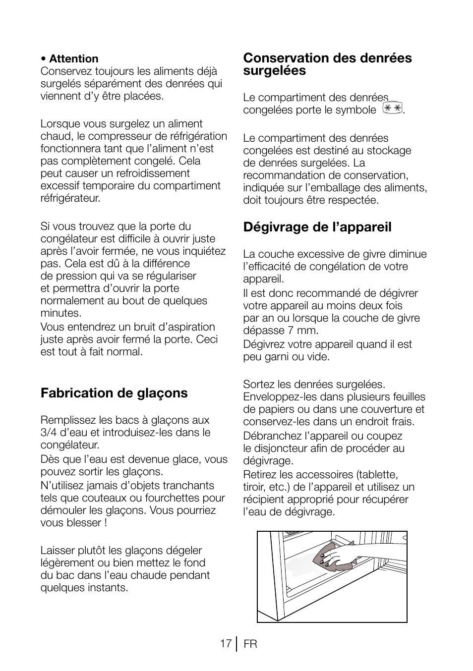 Fabrication de glaçons, Conservation des denrées surgelées, Dégivrage de l’appareil | Beko TSE 1282 User Manual | Page 39 / 89