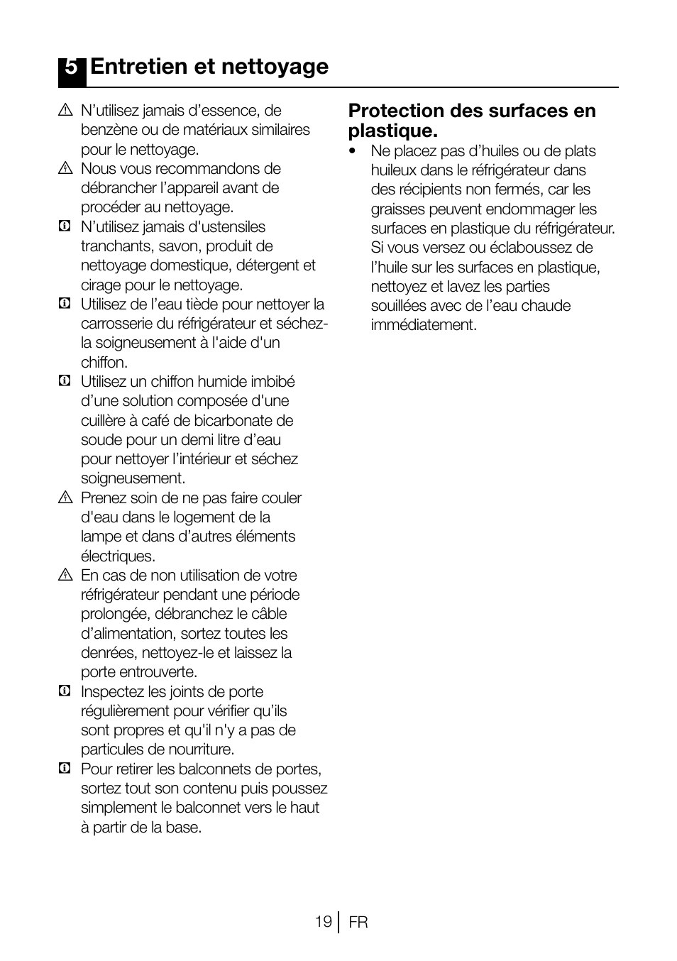 5entretien et nettoyage, Protection des surfaces en plastique | Beko TSE 1282 User Manual | Page 41 / 89