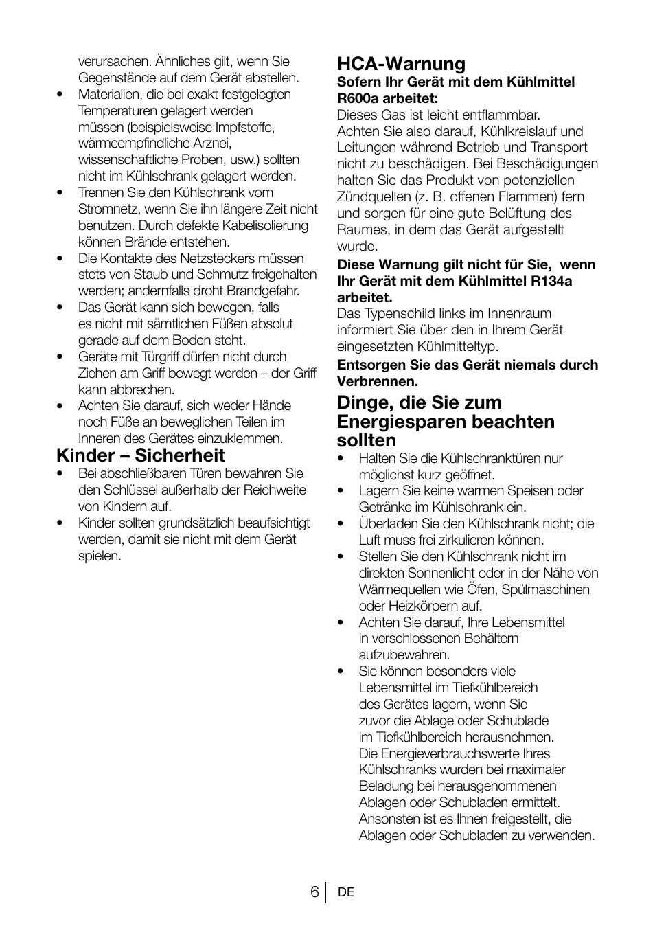 Hca-warnung, Kinder – sicherheit, Dinge, die sie zum energiesparen beachten sollten | Beko TSE 1282 User Manual | Page 51 / 89