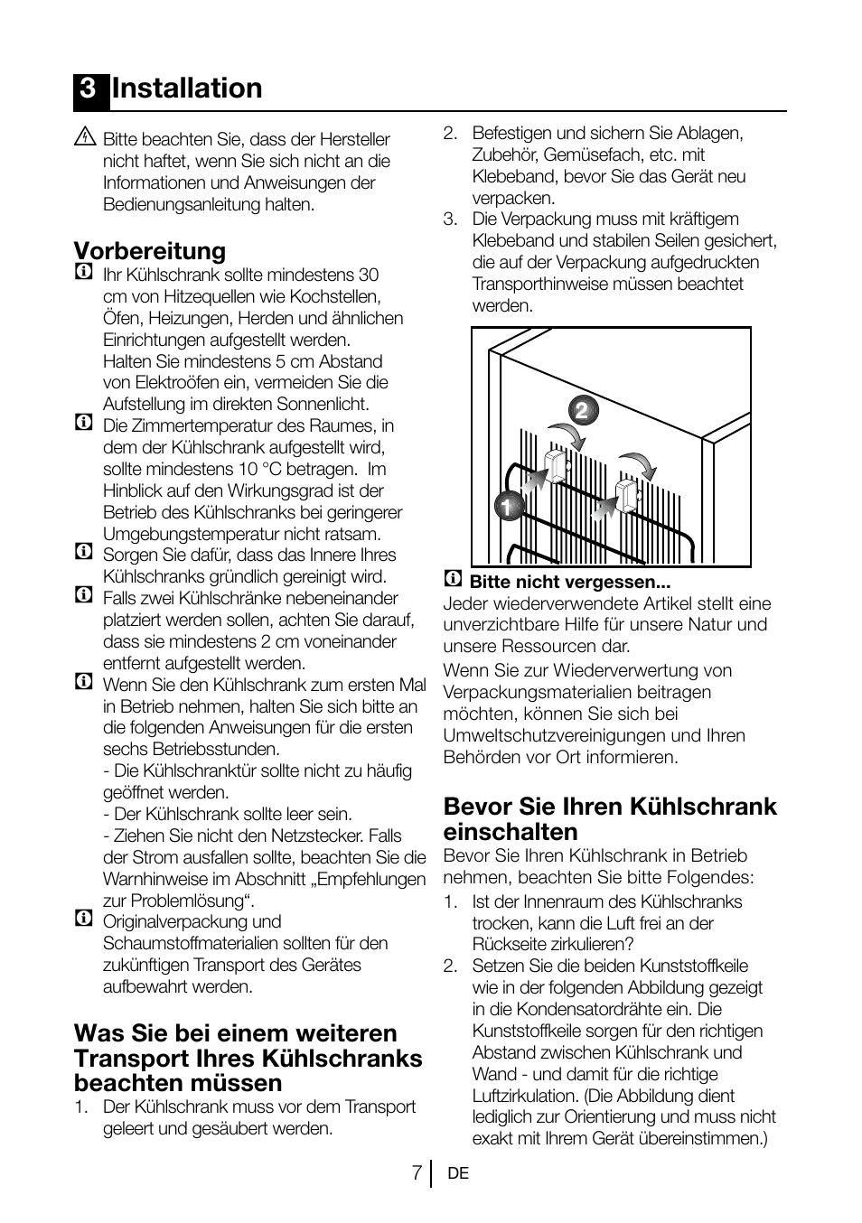 3installation, Vorbereitung c, Bevor sie ihren kühlschrank einschalten | Beko TSE 1282 User Manual | Page 52 / 89