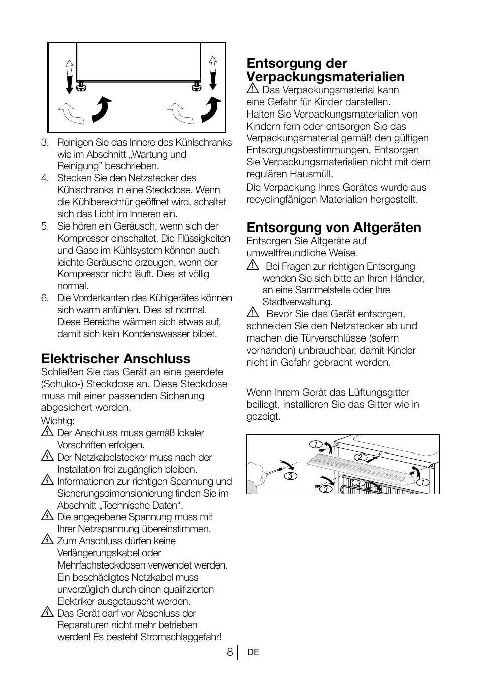 Entsorgung der verpackungsmaterialien a, Entsorgung von altgeräten, Elektrischer anschluss | Beko TSE 1282 User Manual | Page 53 / 89