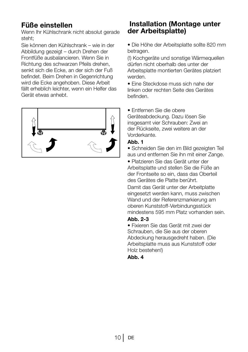 Füße einstellen, Installation (montage unter der arbeitsplatte) | Beko TSE 1282 User Manual | Page 55 / 89