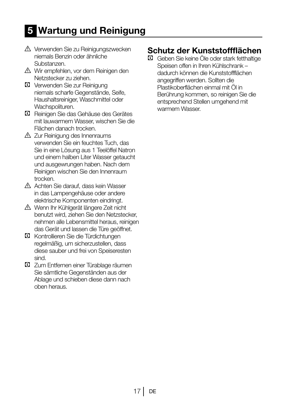 5wartung und reinigung, Schutz der kunststoffflächen | Beko TSE 1282 User Manual | Page 62 / 89