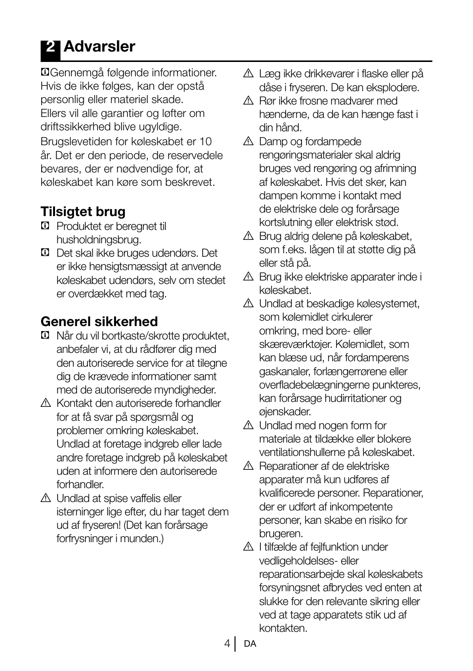 2advarsler, Tilsigtet brug, Generel sikkerhed | Beko TSE 1282 User Manual | Page 70 / 89