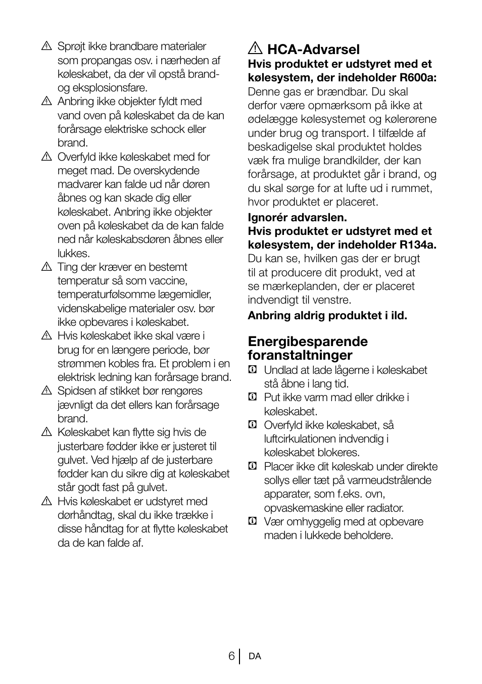 Hca-advarsel, Energibesparende foranstaltninger | Beko TSE 1282 User Manual | Page 72 / 89