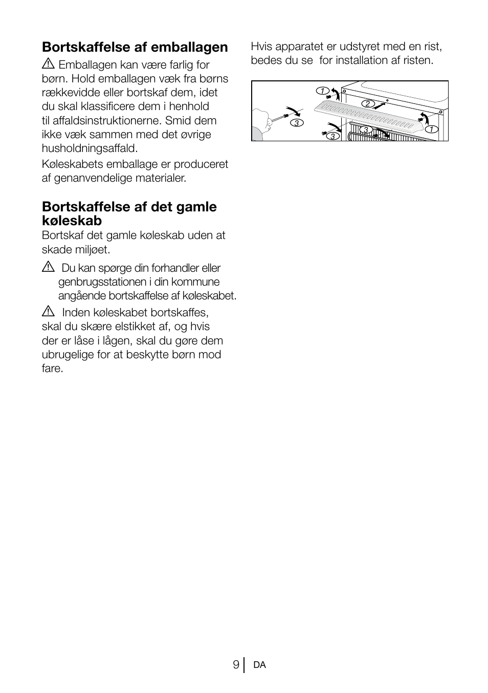 Bortskaffelse af emballagen a, Bortskaffelse af det gamle køleskab | Beko TSE 1282 User Manual | Page 75 / 89